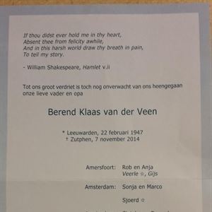 Berend Klaas van der Veen overleden