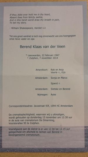 Berend Klaas van der Veen overleden