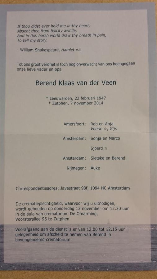 Berend Klaas van der Veen overleden
